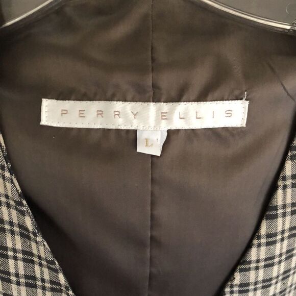 Perry Ellis Vest Linen Blend Size L Tan plaid GUC - Picture 3 of 5